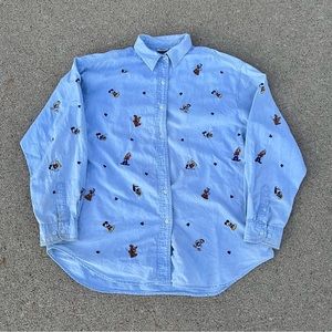 Vintage 90s Disney Store Embroidered Denim Shirt Mickey Goofy Donald AOP 2XL